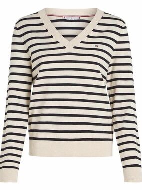 Tommy Hilfiger Cream & Black Striped V-Neck Pullover